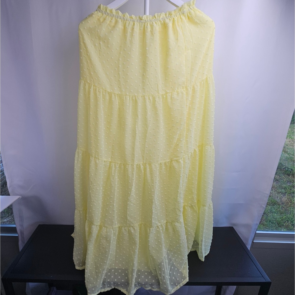 Yellow Swiss Dot Tiered Maxi Skirt Women's Size Medium Pastel Butter Boho Flowy